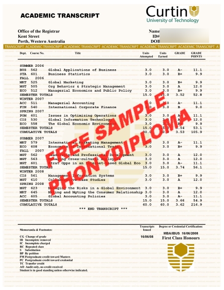 Australia Curtin University Of Technology Actual Match Transcript Free Sample From Phonydiploma   Copy