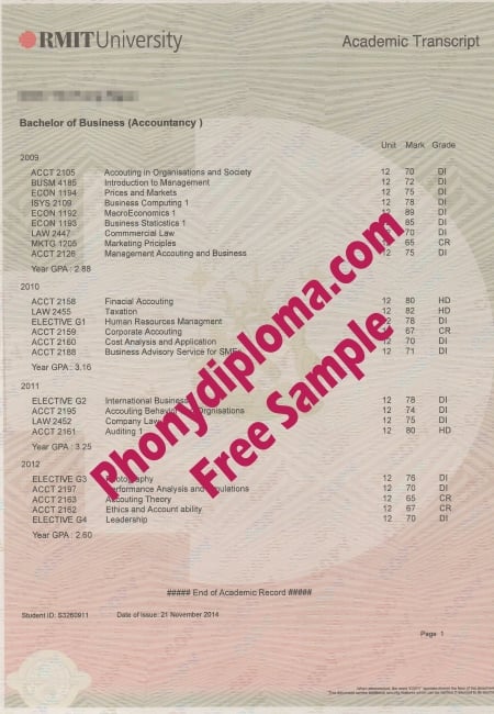 Australia Royal Melbourne Institute Of Technology Rmit Actual Match Transcripts Free Sample Phonydiploma