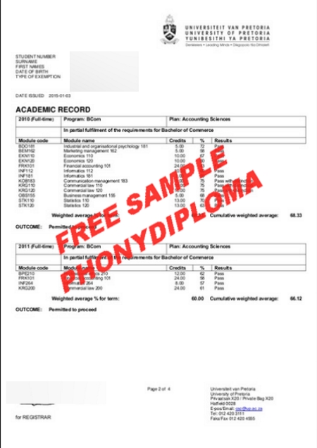 South Africa University Of Pretoria Actual Match Transcript Free Sample From Phonydiploma