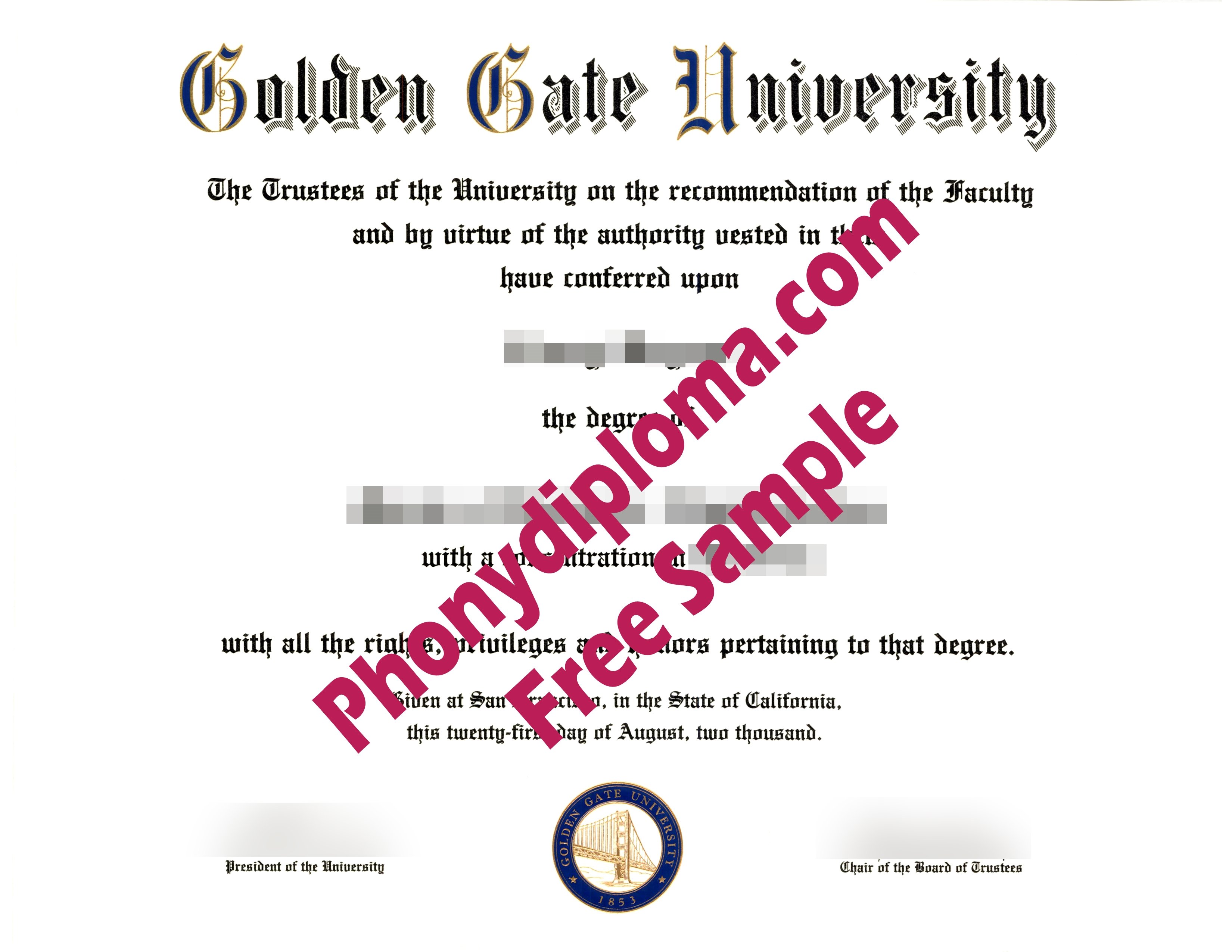 Golden Gate Diploma Free Sample From Phonydiploma