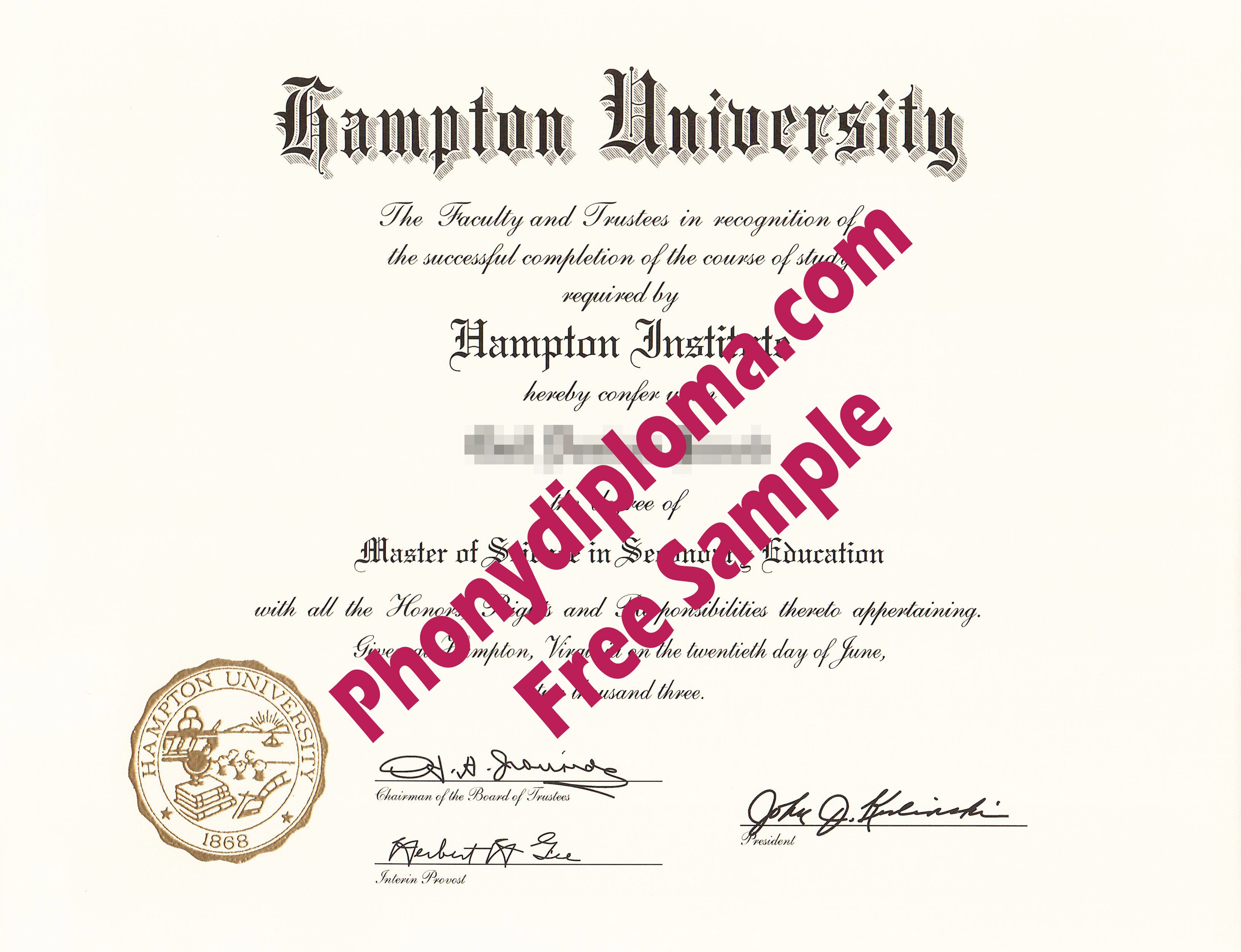 Hampton University Virginia Diploma Free Sample From Phonydiploma
