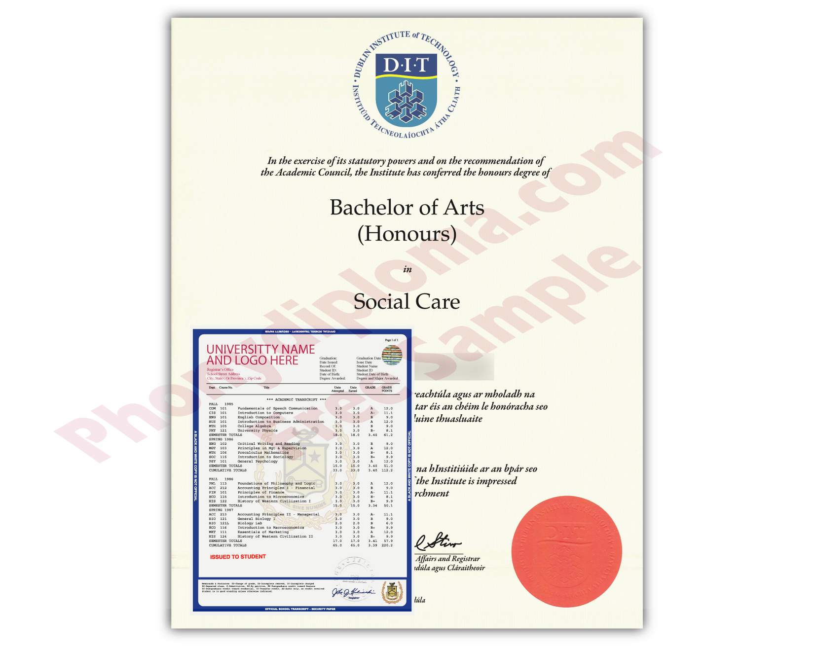 Fake Diploma and Transcripts from Ireland University