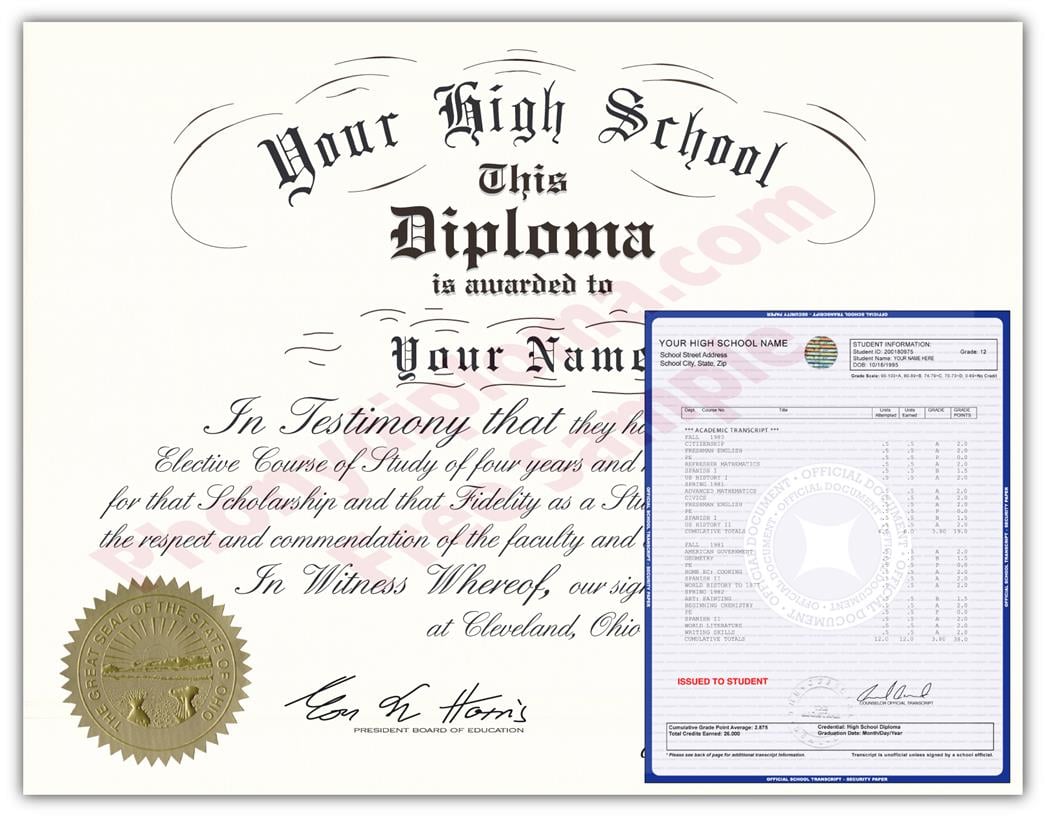 Fake High School Decade Design Diploma and Transcript