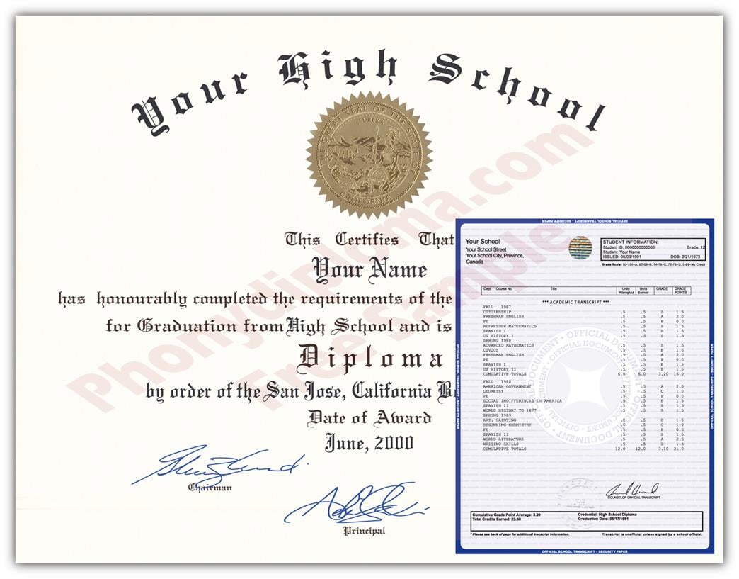 Fake High School Decade Design Diploma and Transcript