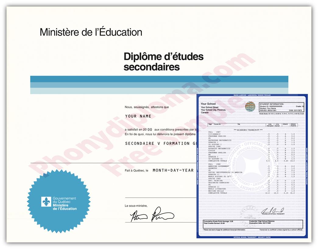 Canada Fake High School Diploma & Transcript