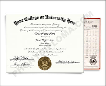 Fake USA College or University Diploma and Transcripts - Arched Name / Top Emblem