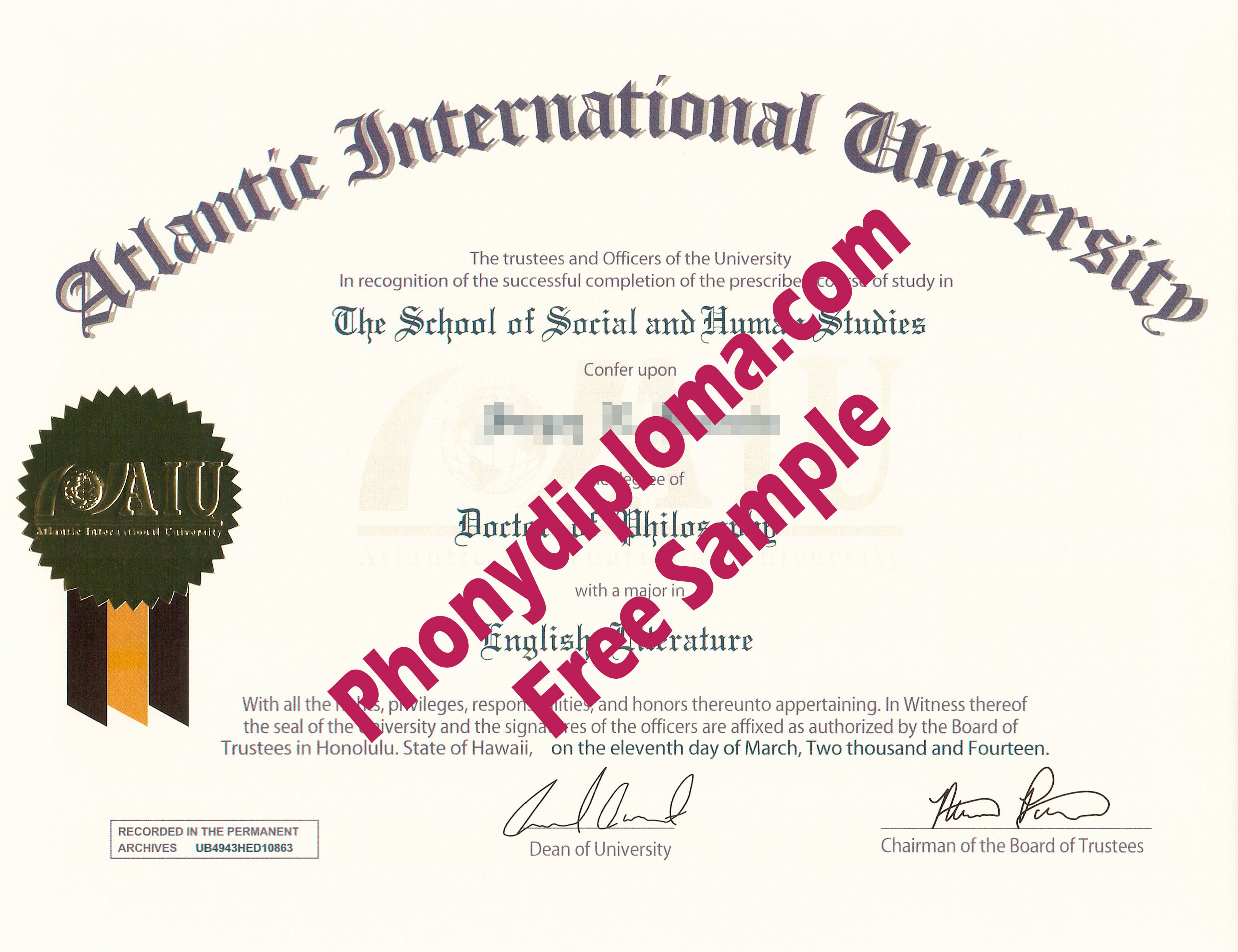 Atlantic International University Free Sample From Phonydiploma · United States