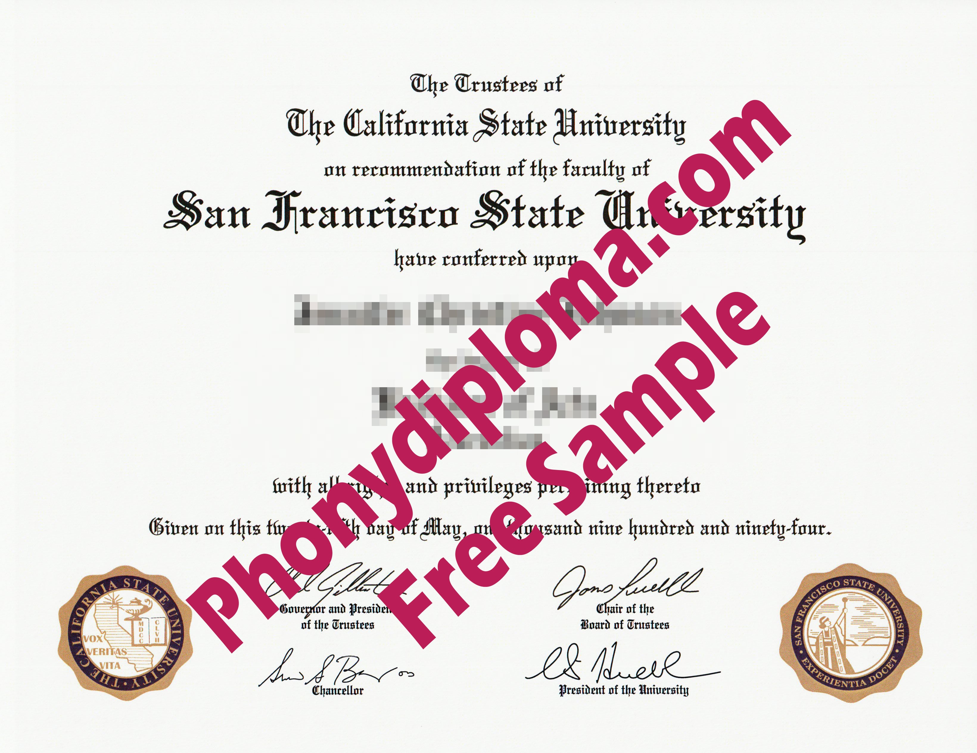 California State University San Francisco State University Emblem Printed In Flat Ink Free Sample From Phonydiploma · United States
