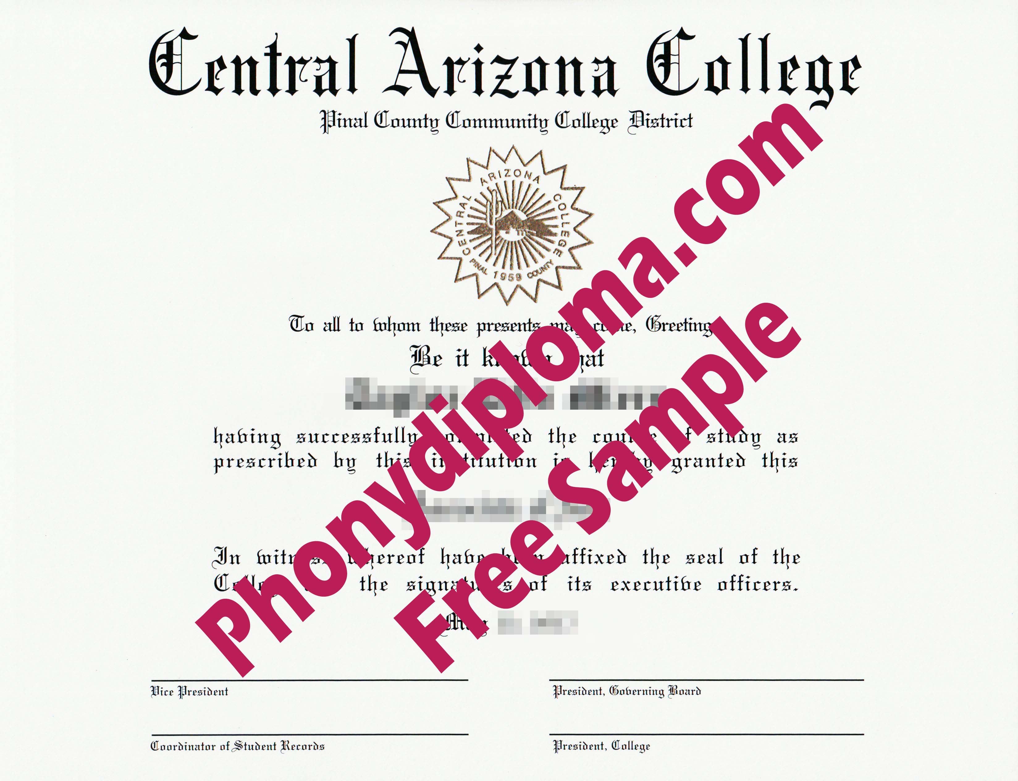 Central Arizona College Free Sample From Phonydiploma · United States