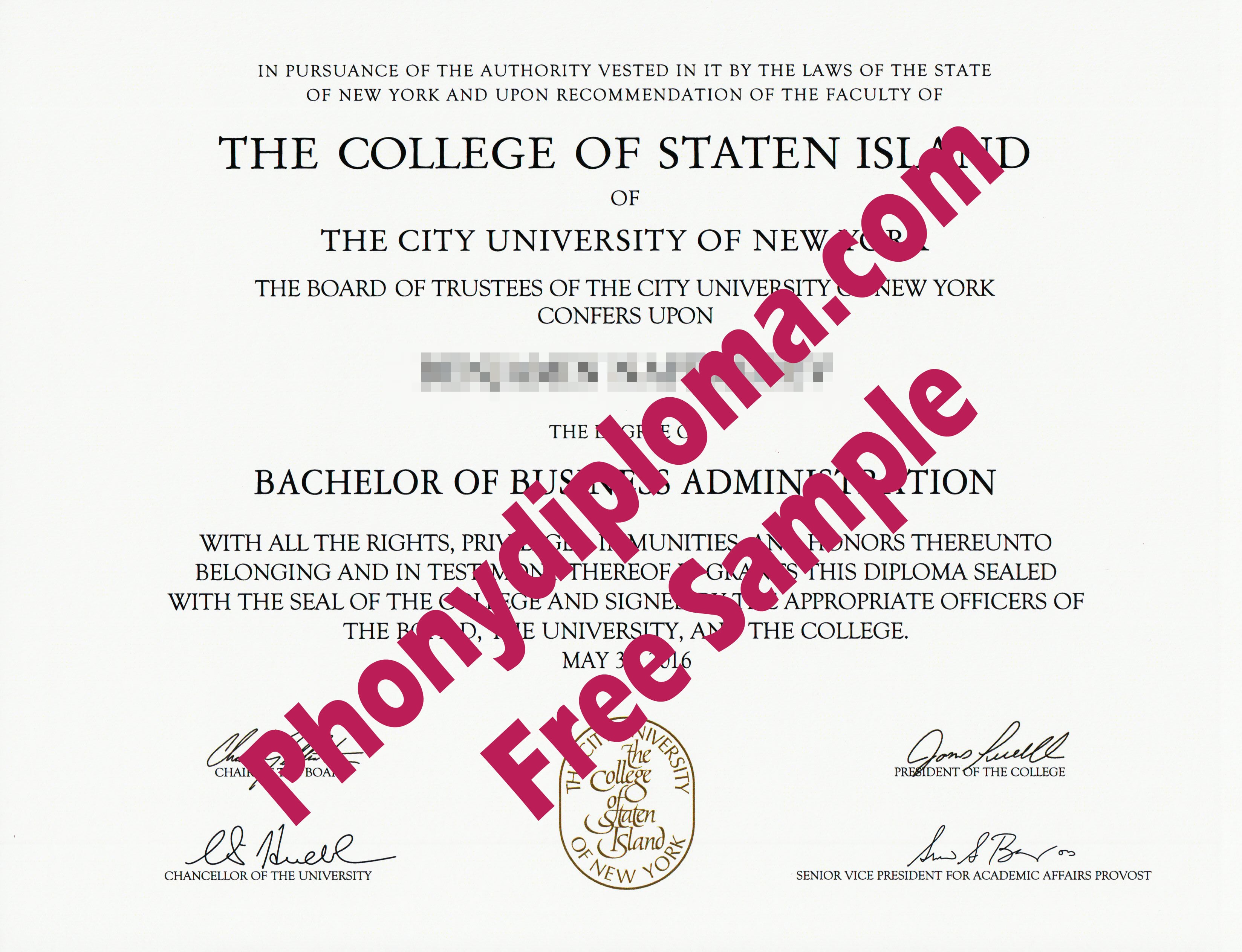 College Of Staten Island Ny Free Sample From Phonydiploma · United States