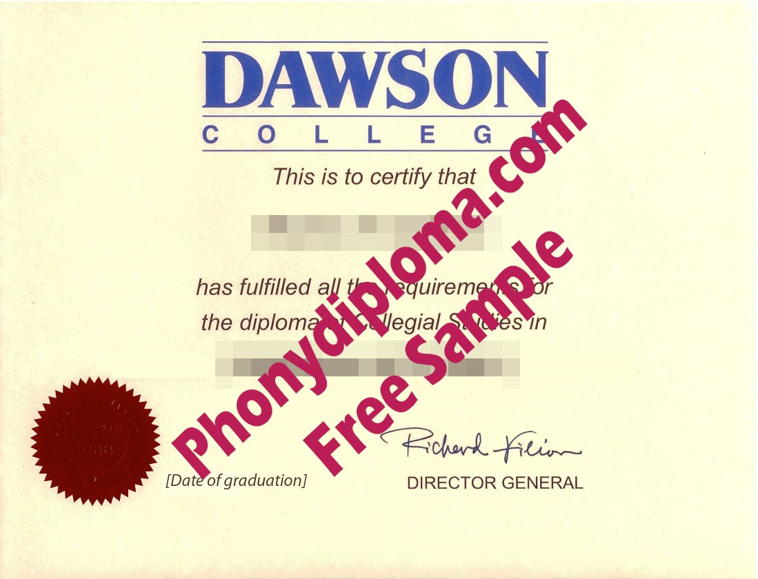 Dawson College With Red Registrar Emblem Free Sample From Phonydiploma · United States