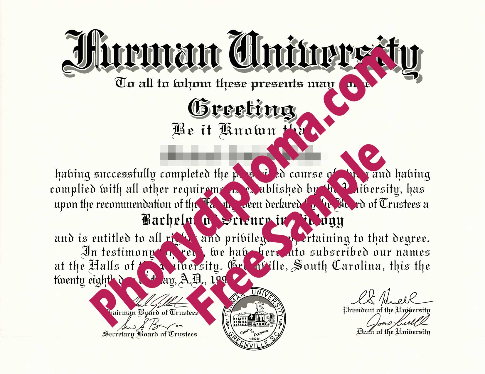 Furman University Free Sample From Phonydiploma · United States