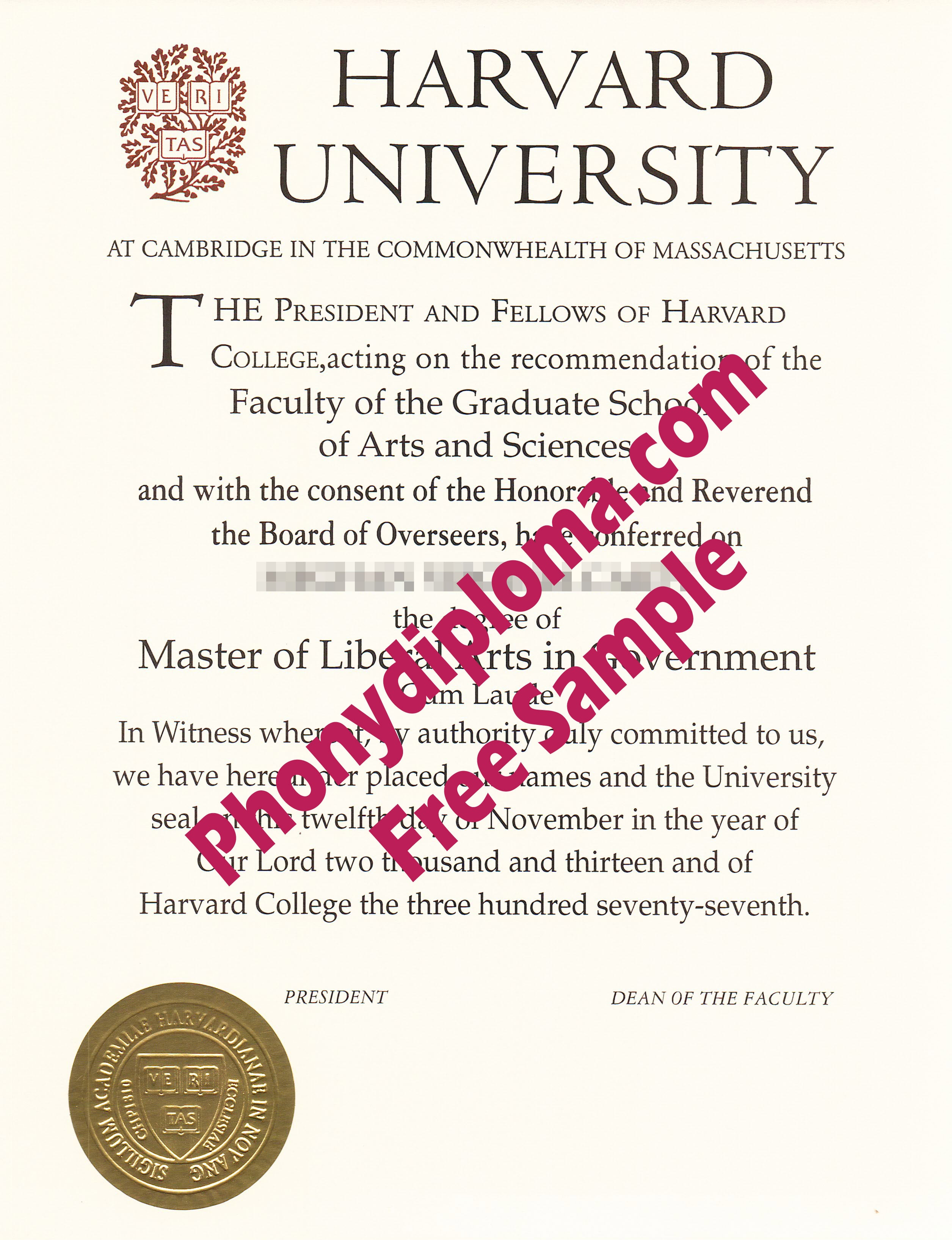 Harvard University Free Sample From Phonydiploma · United States