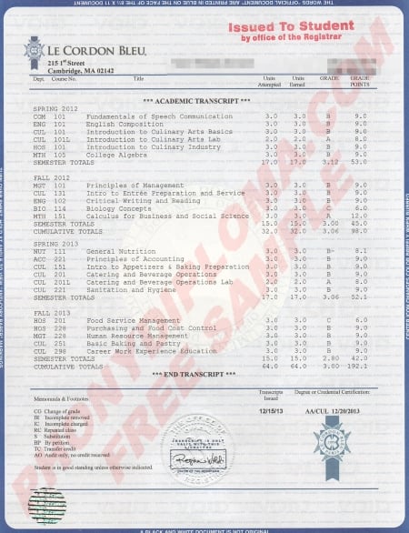 Le Cordon Bleu Culinary House Design Transcripts Free Sample From Phonydiploma · United States
