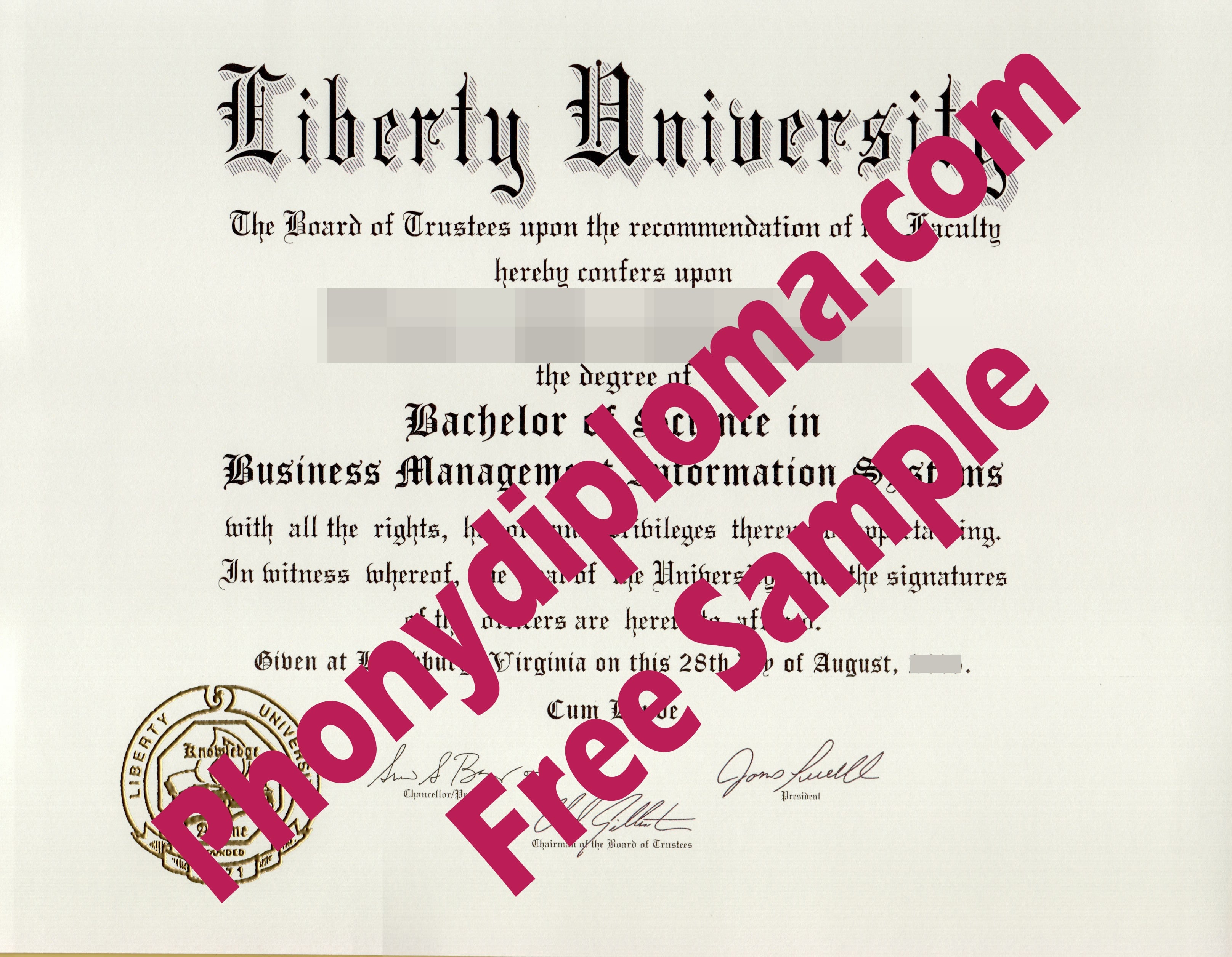 Liberty University Free Sample From Phonydiploma · United States