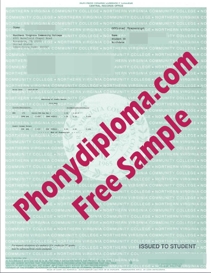 Northern Virginia Community College Actual Match Transcripts Phonydiploma Free Sample · United States