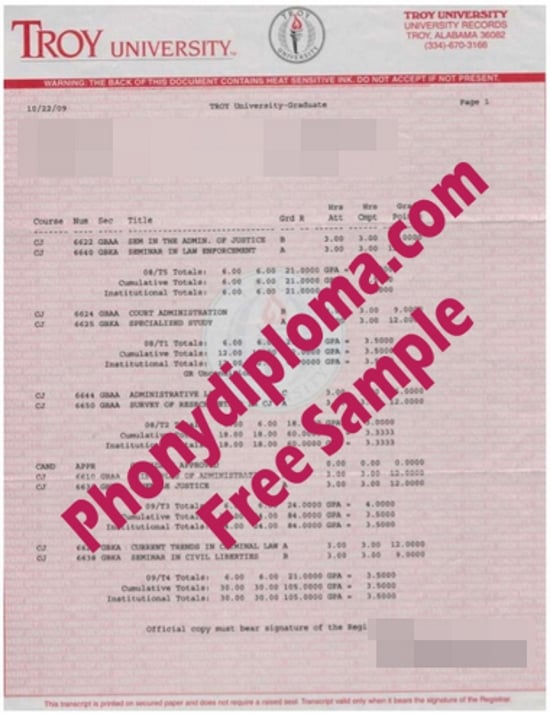 Usa Alabama Troy University Actual Match Transcript Free Sample From Phonydiploma · United States