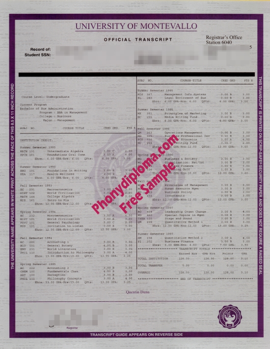 Usa Alabama University Of Montevallo Actual Match Transcript Free Sample From Phonydiploma (1) · United States