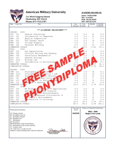 Usa American Military University House Design Transcript Free Sample From Phonydiploma · United States