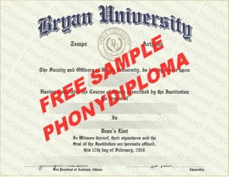 Usa Arizona Bryan University Free Fake Diploma Sample · United States