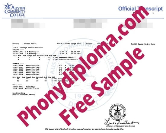 Usa Austin Community College Actual Match Transcript Free Sample From Phonydiploma · United States