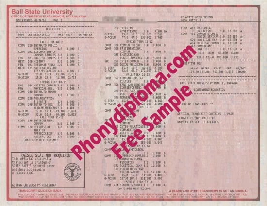 Usa Ball State University Actual Match Transcript Free Sample From Phonydiploma · United States