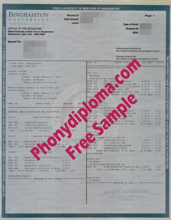 Usa Binghamton University Actual Match Transcript Free Sample From Phonydiploma · United States
