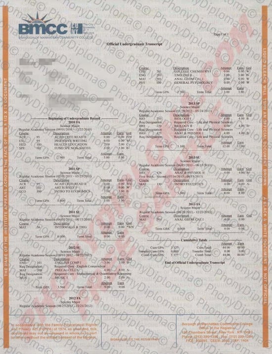 Usa Borough Of Manhattan Community College Actual Match Transcript Free Sample From Phonydiploma · United States