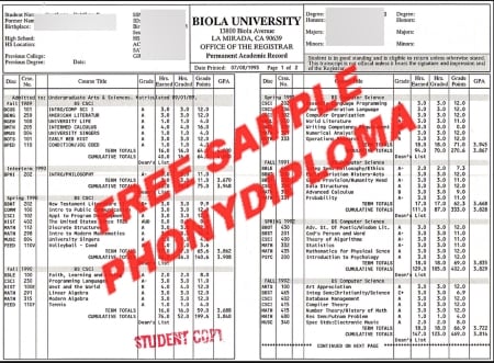 Usa California Biola University Actual Match Transcript Free Sample From Phonydiploma · United States
