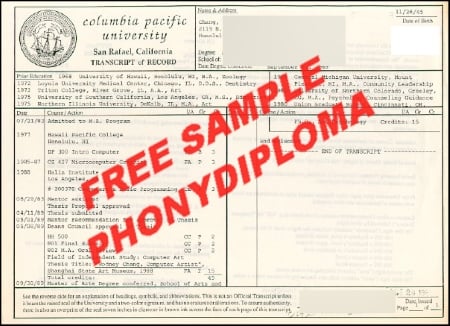 Usa California Columbia Pacific University Actual Match Transcript Free Sample From Phonydiploma · United States