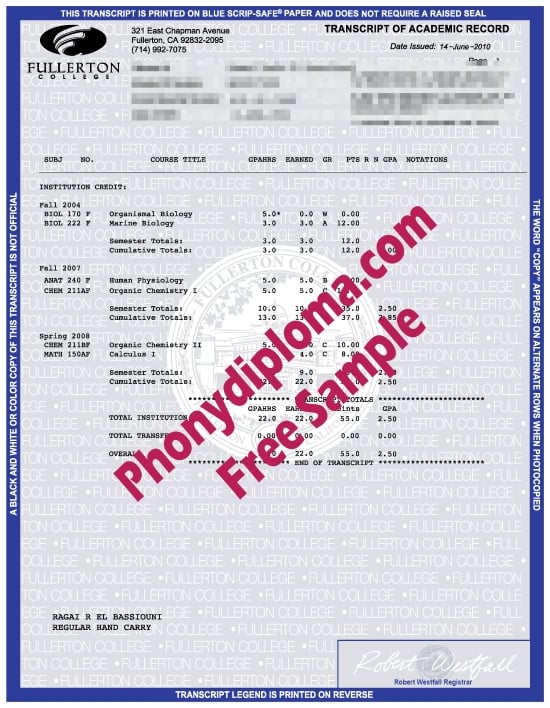 Usa California Fullerton College Actual Match Transcripts Free Sample From Phonydiploma · United States