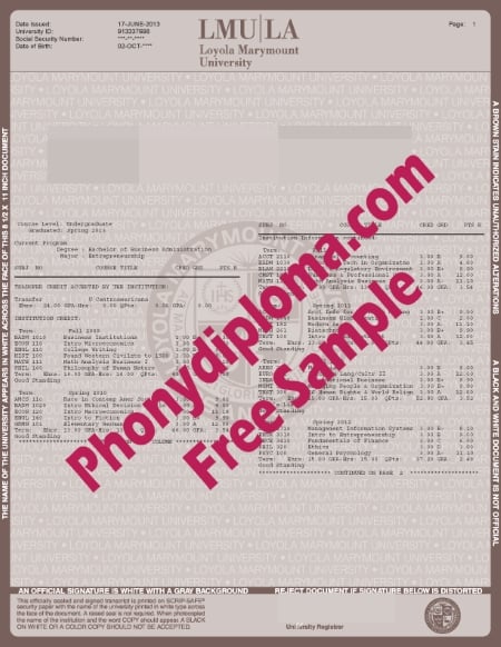 Usa California Loyola Marymount  Actual Match Transcripts  Free Sample From Phonydiploma · United States