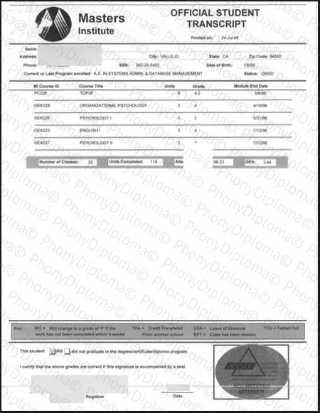 Usa California Masters Institute Actual Match Transcript Free Sample From Phonydiploma · United States