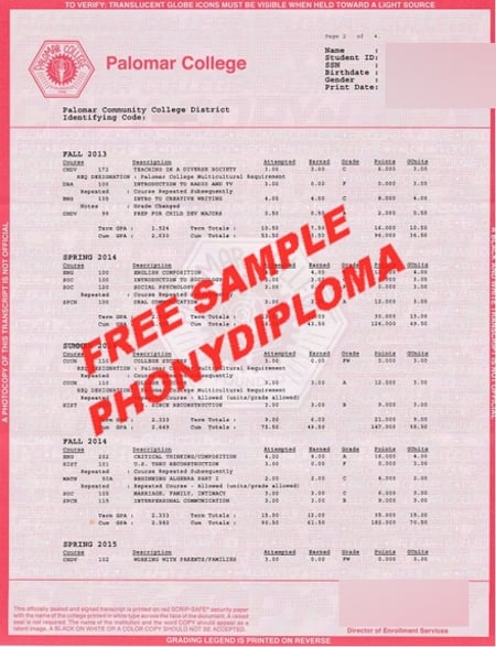 Usa California Palomar College Actual Match Transcript Free Sample From Phonydiploma · United States