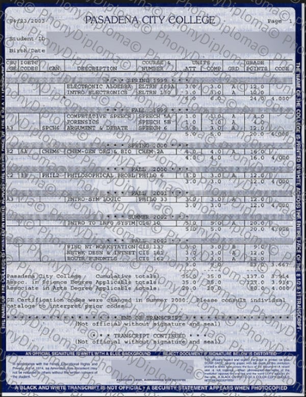 Usa California Pasadena City College Actual Match Transcript Free Sample From Phonydiploma · United States