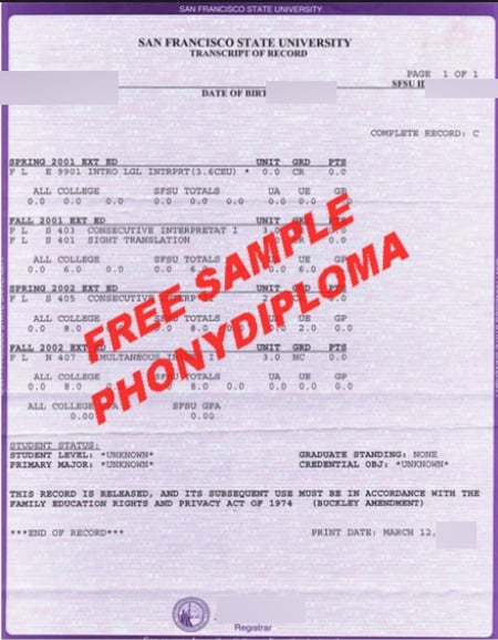 Usa California San Francisco State University Actual Match Transcript Free Sample From Phonydiploma · United States