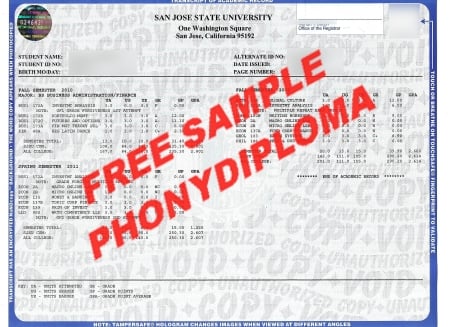 Usa California San Jose State University Actual Match Transcript Free Sample From Phonydiploma · United States