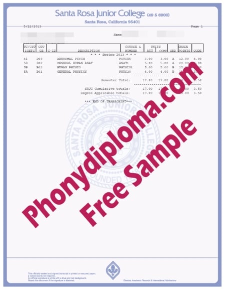Usa California Santa Rosa Junior College Actual Match Transcripts Sample Phonydiploma · United States