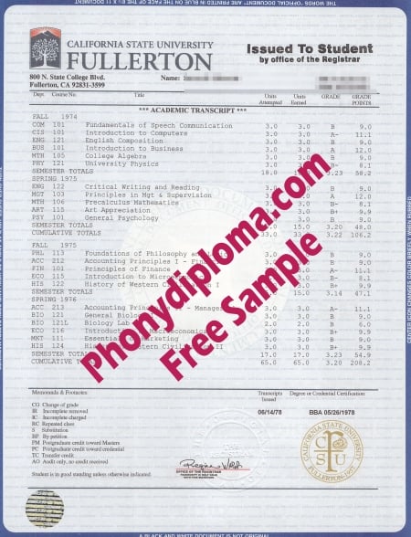 Usa California State University Fullerton House Design Transcript Free Sample From Phonydiploma · United States