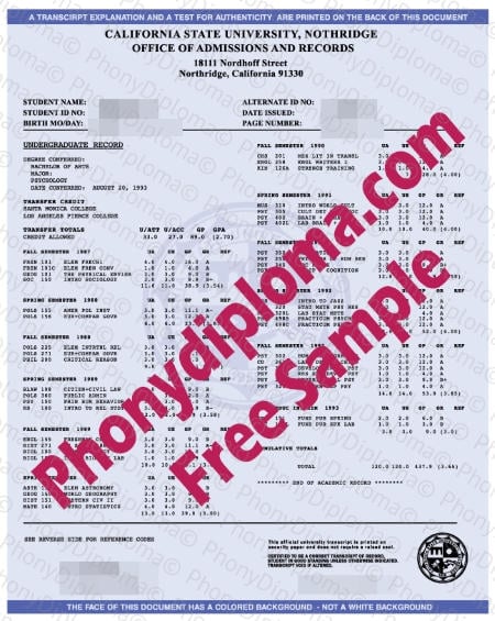 Usa California State University Northridge Actual Match Transcript Fake Diploma Sample · United States