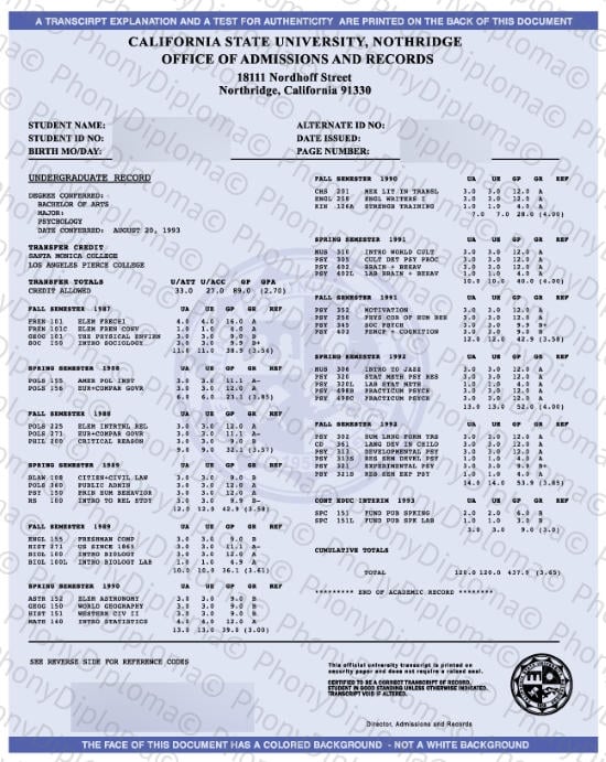 Usa California State University Northridge Actual Match Transcript Free Sample From Phonydiploma · United States