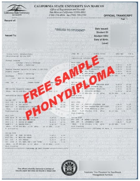 Usa California State University San Marcos Actual Match Transcript Free Sample From Phonydiploma · United States