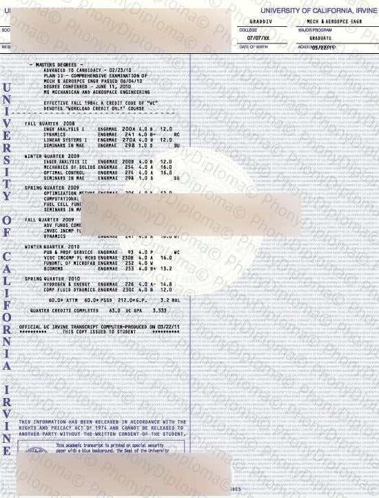 Usa California University Of California Irvine Actual Match Transcript Free Sample From Phonydiploma · United States