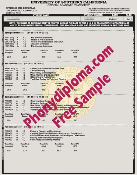 Usa California University Of Southern California Usc Actual Match Trans Free Sample From Phonydiploma · United States