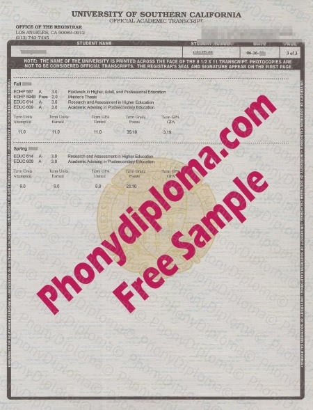 Usa California University Of Southern California Usc Actual Match Transcript Free Fake Sample · United States