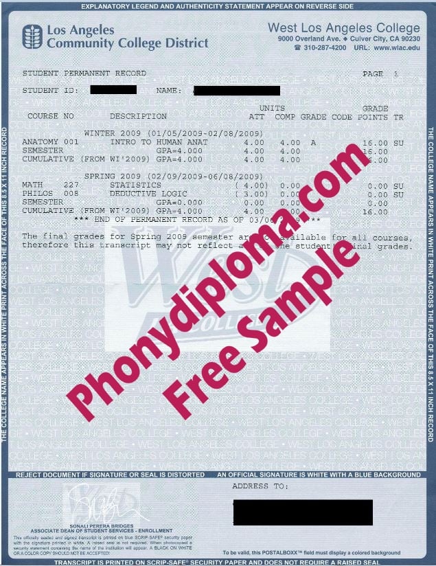 Usa California West Los Angeles College Actual Match Transcript Free Sample From Phonydiploma · United States