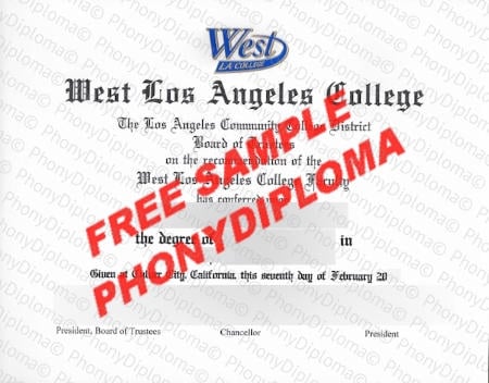Usa California West Los Angeles College Fake Diploma Sample · United States