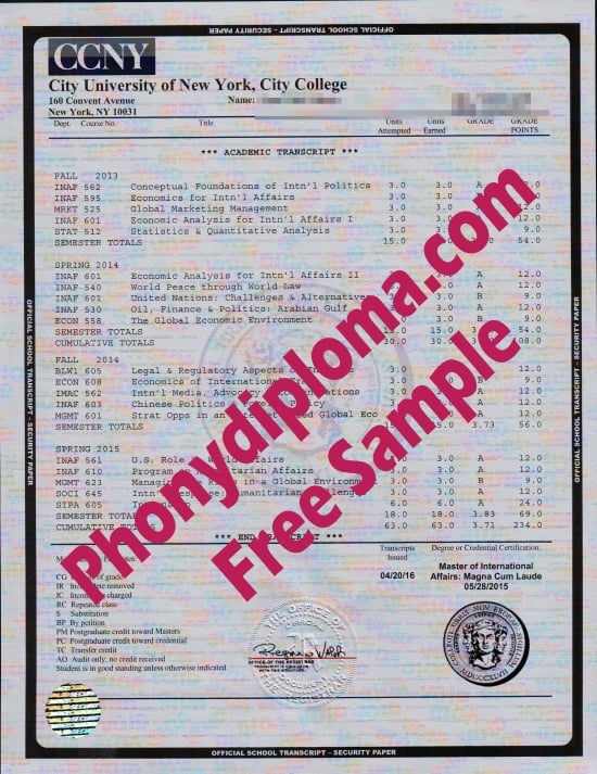 Usa City University Of New York City College House Match Transcript Free Sample From Phonydiploma · United States