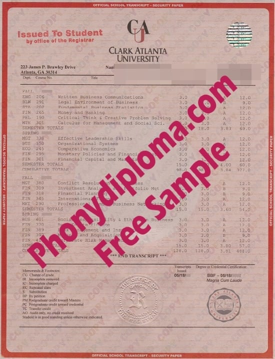 Usa Clark Atlanta University House Design Transcripts Free Sample From Phonydiploma · United States