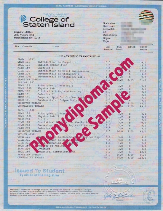 Usa College Of Staten Island House Design Transcript Free Sample From Phonydiploma · United States